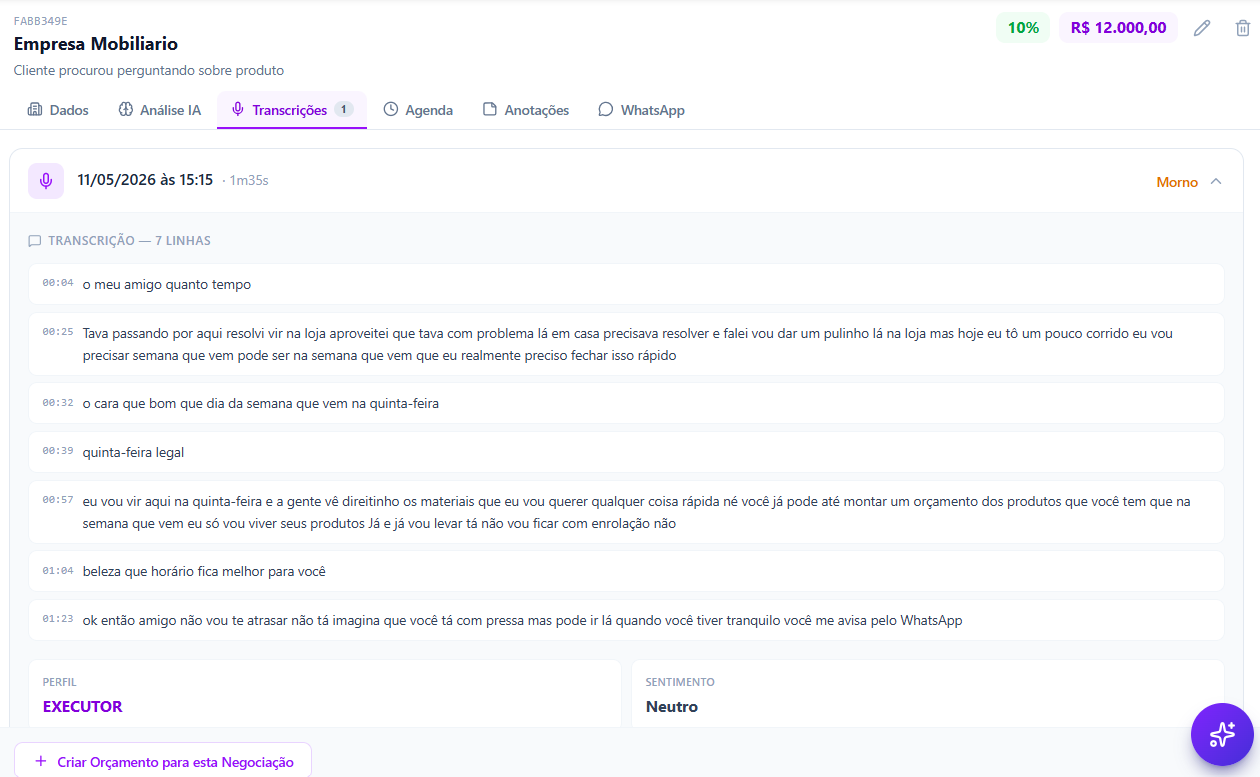 CRM — transcrições e perfil comportamental